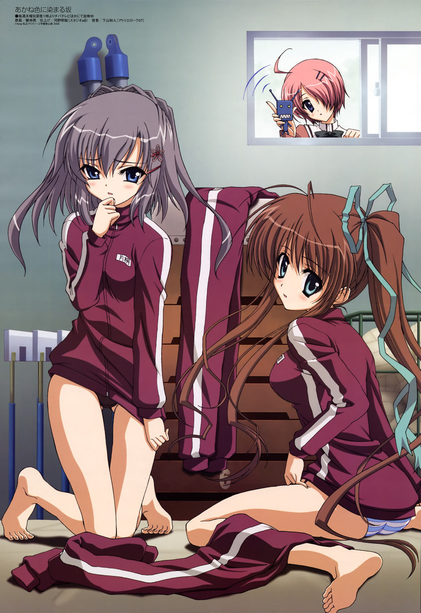 3girls, :o, absurdres, ahoge, akane-iro_ni_somaru_saka, antenna_hair, aqua_eyes, ass