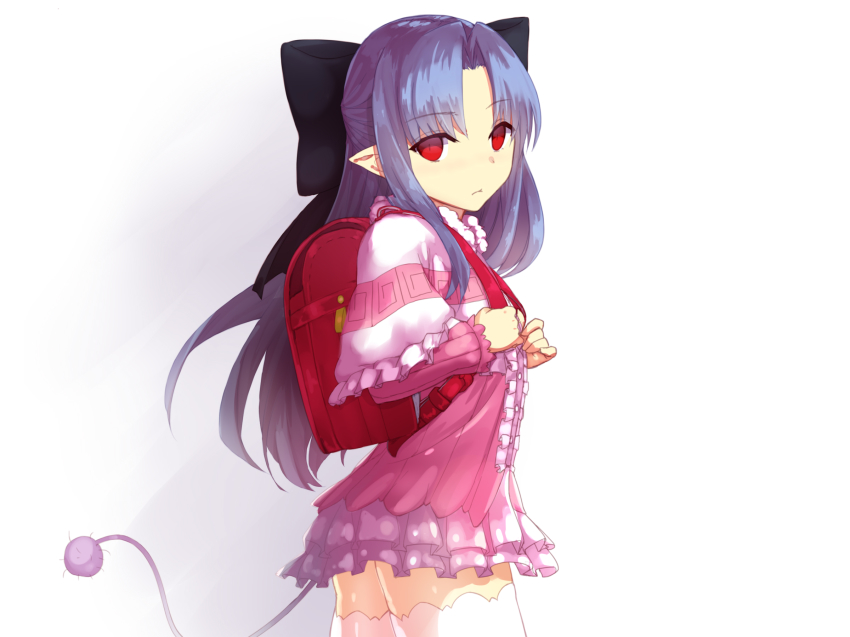 1girl, apo_(apos2721), backpack, bag, black_bow, blue_hair, bow, capelet