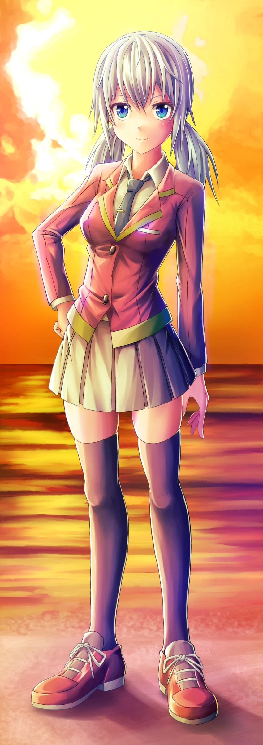 1girl, absurdres, black_necktie, black_skirt, black_thighhighs, blue_eyes, blush, breasts