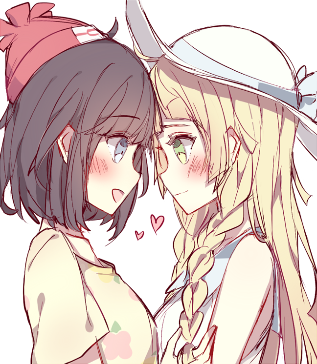 2girls, beanie, black_hair, blonde_hair, blue_eyes, blush, bow, braid
