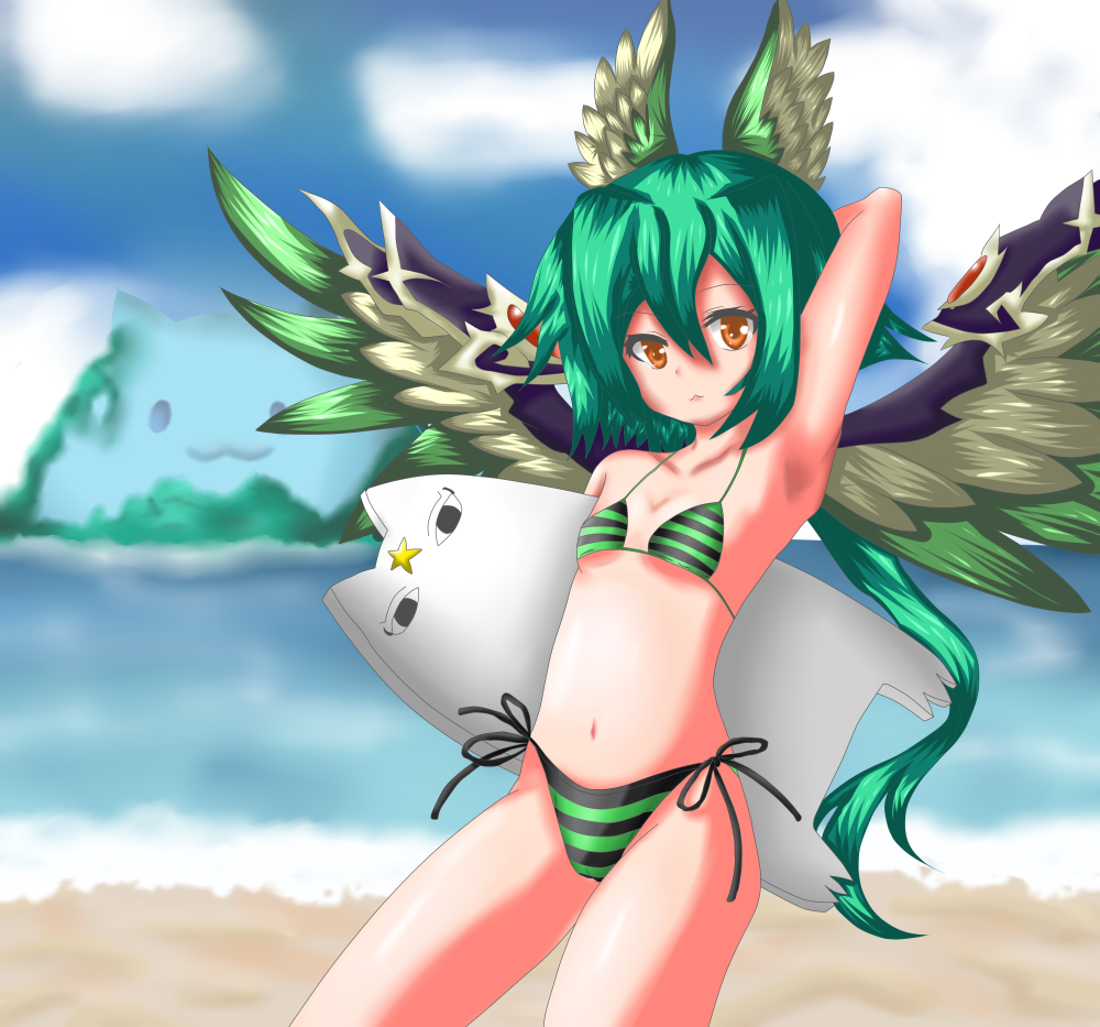 1girl, aqua_hair, arm_behind_head, armpits, beach, bikini, breasts, day