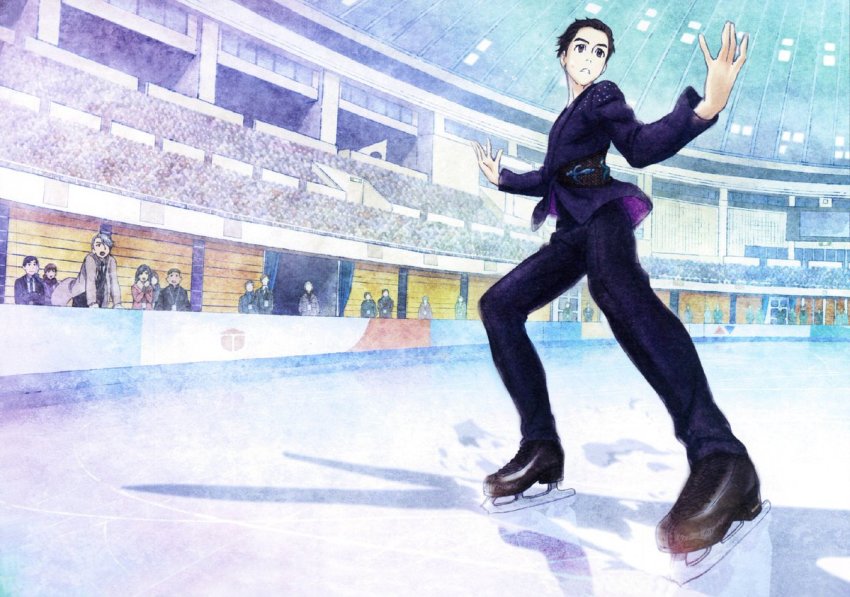 10s, 2boys, black_hair, brown_eyes, coat, crowd, hair_slicked_back, ice_skates