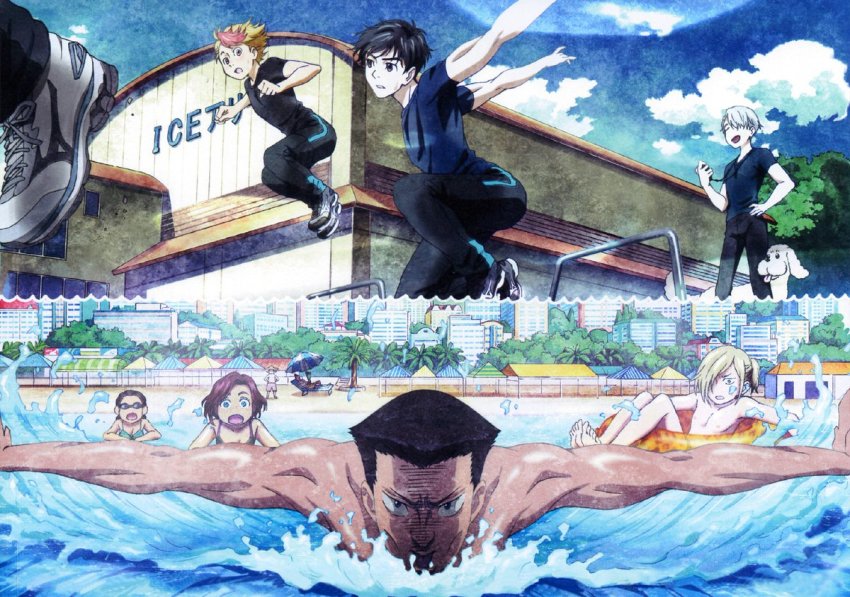 10s, 3girls, 6+boys, beach, beach_umbrella, bikini, bikini_top_only, black_hair