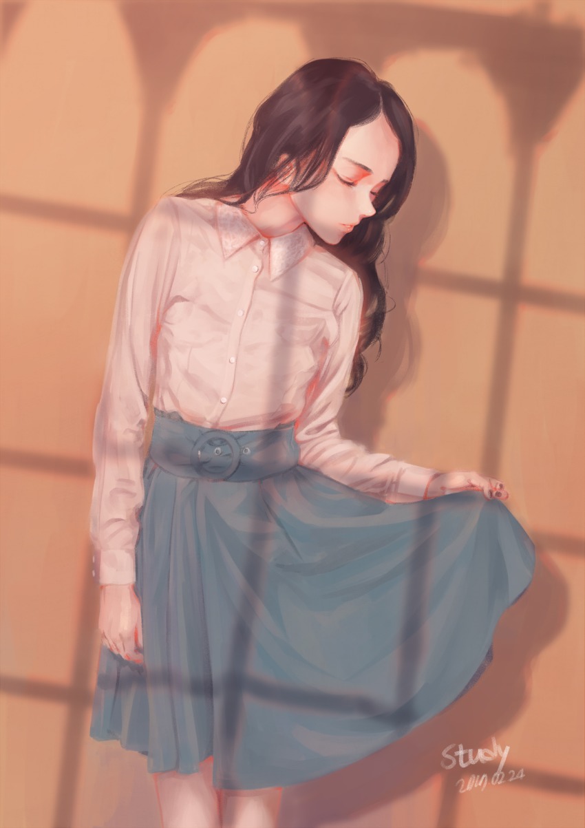 1girl, arm_at_side, blue_skirt, brown_hair, buttons, closed_eyes, collared_shirt, commentary_request, dated, dress_shirt, female_focus, highres, holding_own_skirt, lips, litra_(ltr0312), long_hair, long_skirt, long_sleeves, ltr0312, nose, o-ring, original, parted_lips, profile, shirt, skirt, solo, standing, white_shirt