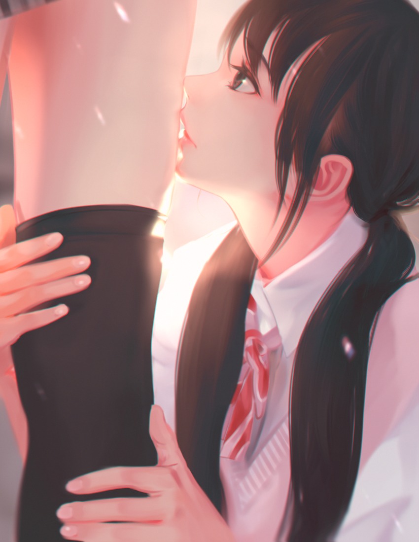 2girls, black_eyes, black_hair, black_legwear, brown_hair, collared_shirt, fingernails, highres, kissing_thigh, leg_hold, litra_(ltr0312), long_twintails, ltr0312, multiple_girls, neck_ribbon, original, out_of_frame, parted_lips, photo-referenced, pink_lips, profile, red_ribbon, ribbon, shirt, solo_focus, striped_ribbon, thighhighs_pull, twintails, white_shirt, wing_collar, yuri