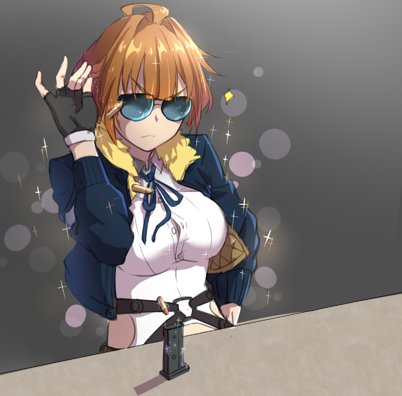 .50_action-express, 1girl, action_arms, ahoge, ammunition, aviator_sunglasses, blue-tinted_eyewear, brown_hair