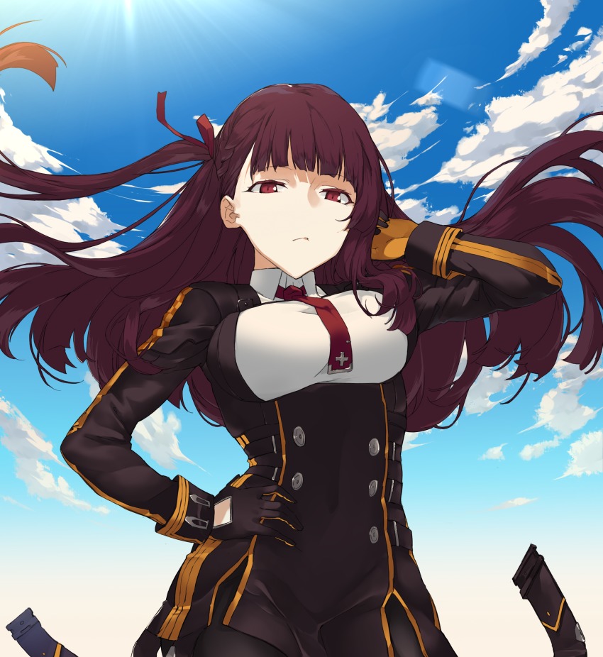 1girl, absurdres, bad_id, bad_pixiv_id, cloud, cloudy_sky, cowboy_shot, day