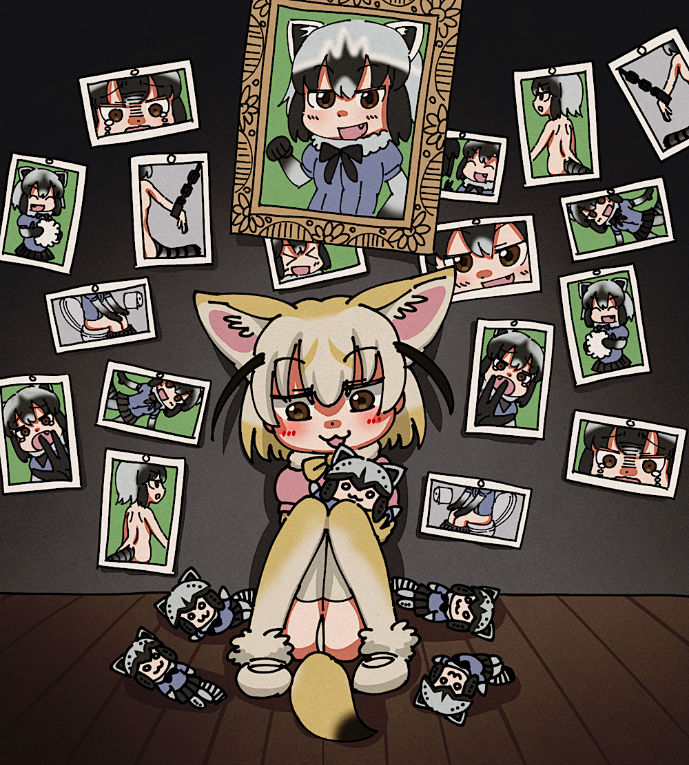 10s, 1girl, akamiya_fumiya, animal_ears, blush, bow, bowtie, brown_eyes, chain, character_doll, commentary, common_raccoon_(kemono_friends), doll, female_focus, fennec_(kemono_friends), fox_ears, fox_tail, kemono_friends, nude, open_mouth, panties, photo_(object), portrait, raccoon_ears, restrained, short_hair, smile, solo, stuffed_toy, tail, tears, toilet_use, underwear, yandere, yuri