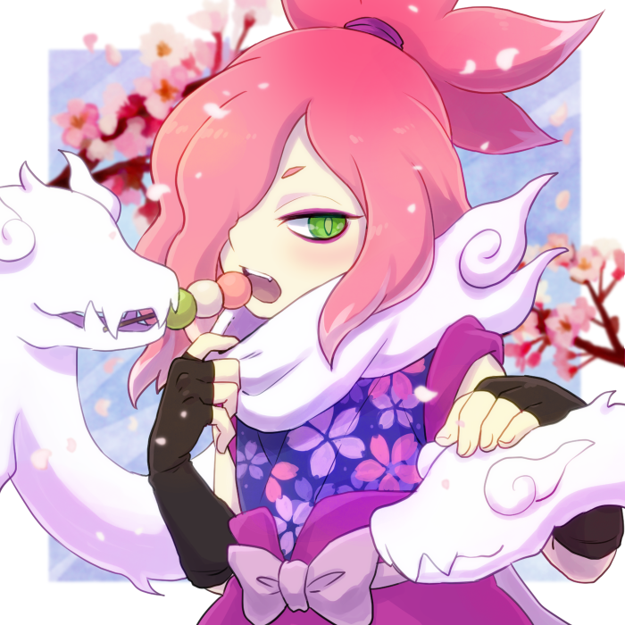 10s, 1boy, aju_(maccha_an), black_gloves, cherry_blossoms, dango, fingerless_gloves, food, gloves, green_eyes, hair_over_one_eye, male_focus, open_mouth, pink_hair, sakuraorochi, sanshoku_dango, solo, upper_body, wagashi, traditional_youkai, youkai_watch