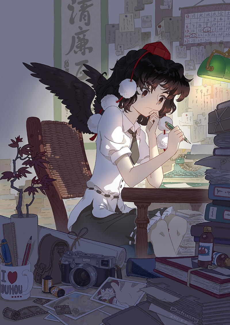 1girl, alice_margatroid, artist_name, bags_under_eyes, black_necktie, black_skirt, black_wings, blouse, book, book_stack, bottle, brown_eyes, brown_hair, calendar_(object), camera, chair, commentary_request, copyright_name, cup, dahuang, dated, desk_lamp, female_focus, film_cartridge, film_strip, folder, hakurei_reimu, hat, head_rest, holding, holding_pen, indoors, kirisame_marisa, lamp, leaf, looking_away, maple_leaf, mug, necktie, nervous, nib_pen_(object), pen, pencil, photo_(object), plant, pom_pom_(clothes), potted_plant, pouch, puffy_short_sleeves, puffy_sleeves, revision, ribbon-trimmed_clothes, ribbon_trim, ruler, shameimaru_aya, shirt, short_hair, short_necktie, short_sleeves, sitting, skirt, solo, string, table, tokin_hat, touhou, typewriter, wavy_mouth, white_shirt, wings, writing