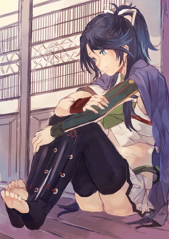 10s, 1girl, armor, asymmetrical_gloves, bad_id, bad_twitter_id, black_hair, black_thighhighs