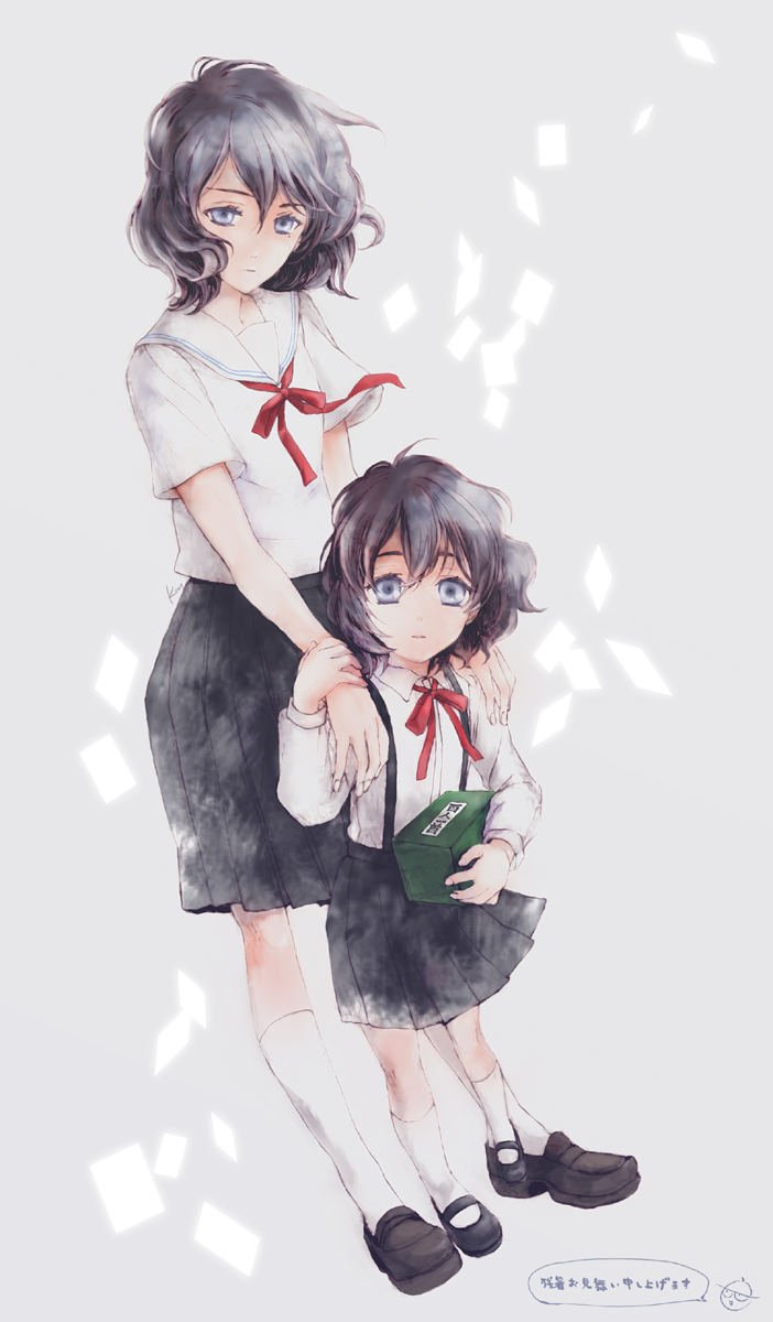 1girl, aged_down, bad_anatomy, bad_hands, black_footwear, black_hair, black_skirt, blue_eyes