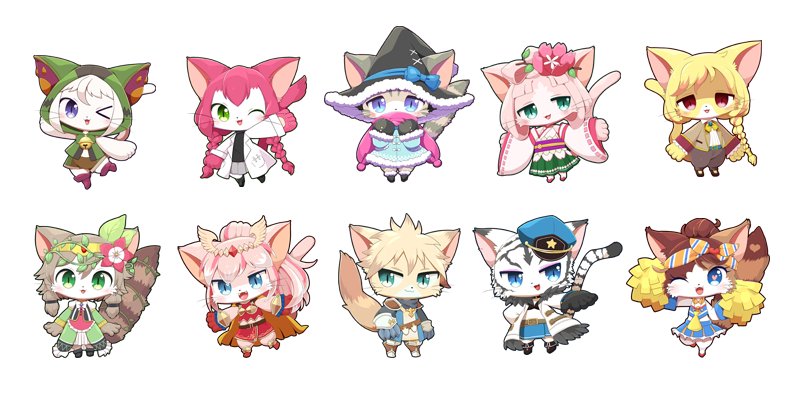 6+girls, animal_ears, artemis_(cat_busters), artist_request, blonde_hair, blue_eyes, boots, brown_hair, cat_busters, cat_ears, cat_tail, character_request, cheerleader, chia_(cat_busters), chibi, circlet, female_focus, flower, furry, furry_female, green_eyes, hair_flower, hair_ornament, head_wreath, japanese_clothes, jeanne_(cat_busters), lintet_(cat_busters), long_hair, mafumofu_(cat_busters), multiple_girls, neko_hakase, pink_hair, purple_eyes, red_eyes, sakuya_(cat_busters), short_hair, tail, white_hair, wraith_(cat_busters)