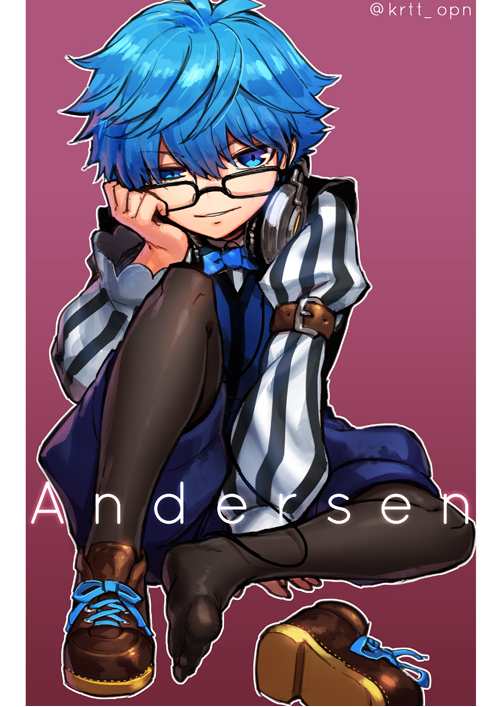 10s, 1boy, black_pantyhose, blue_eyes, blue_hair, boots, bow, bowtie