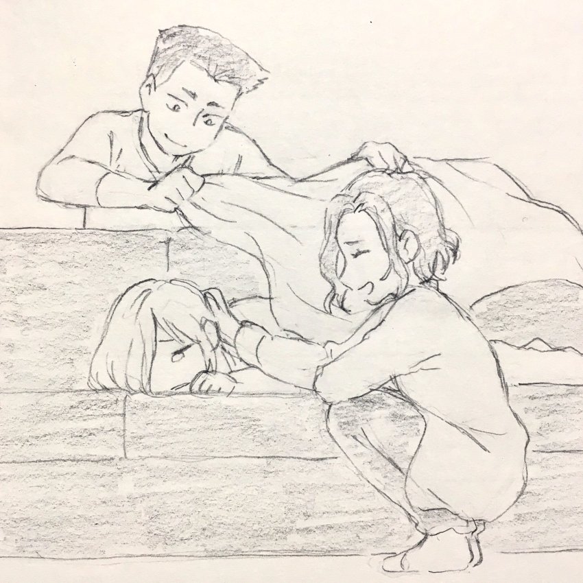 10s, 1girl, 2boys, blanket, couch, closed_eyes, georgi_popovich, graphite_(medium)