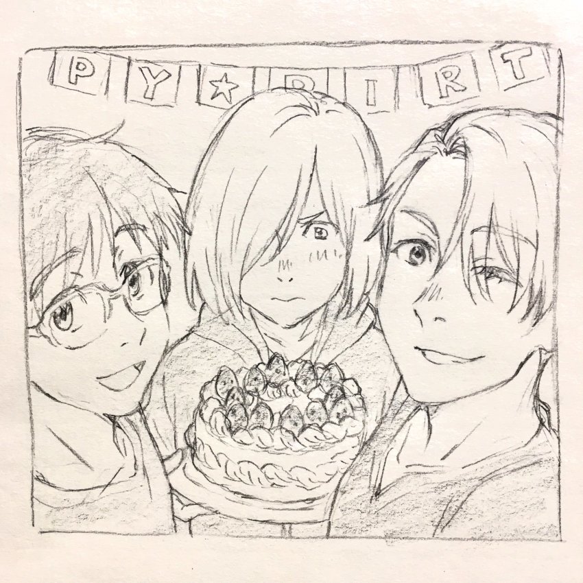 10s, 3boys, cake, food, fruit, glasses, graphite_(medium), hair_over_one_eye