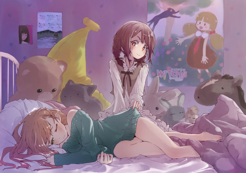 2girls, asymmetrical_bangs, bare_legs, bare_shoulders, bed, bed_sheet, bedroom, bloomers, blush, braid, brown_hair, brown_ribbon, brown_vest, closed_mouth, clothes_lift, dress, eyelashes, frilled_dress, frilled_shirt_collar, frills, green_eyes, green_sweater, hair_ribbon, indoors, kagawa_yuusaku, light_brown_hair, long_hair, lying, messy_room, multiple_girls, naked_sweater, neck_ribbon, on_side, one_eye_closed, original, oversized_clothes, parted_bangs, pillow, poster_(object), red_eyes, ribbon, short_eyebrows, short_hair, sitting, smile, stuffed_animal, stuffed_banana, stuffed_cat, stuffed_horse, stuffed_rabbit, stuffed_toy, sweater, teddy_bear, twin_braids, underwear, vest, white_dress, yokozuwari, yuri