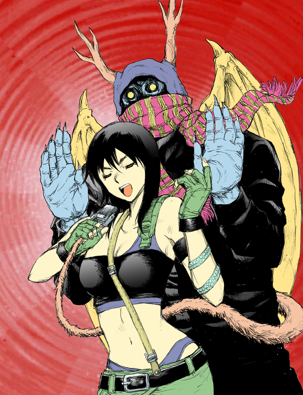1girl, antlers, bad_id, bad_pixiv_id, belt, demon_wings, dorohedoro, gloves