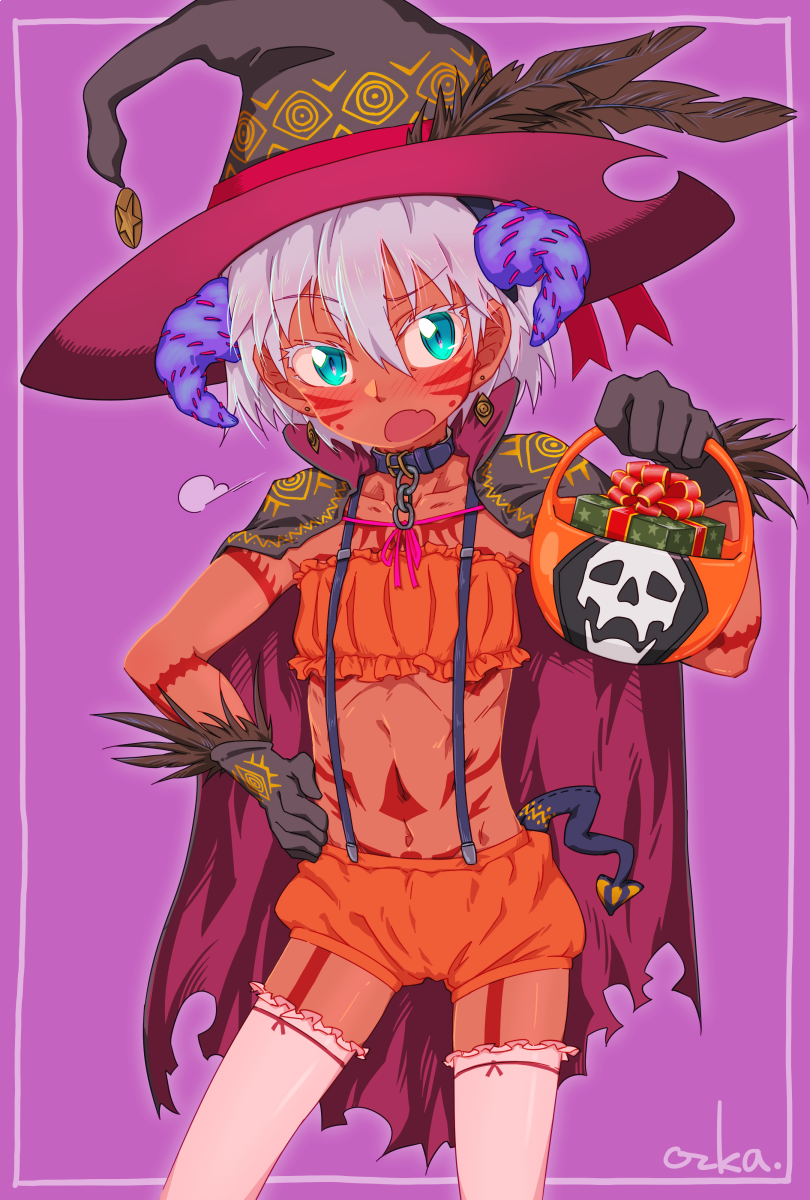 1girl, cape, costume, dark_skin, dark-skinned_female, facial_mark, facial_tattoo, fake_horns