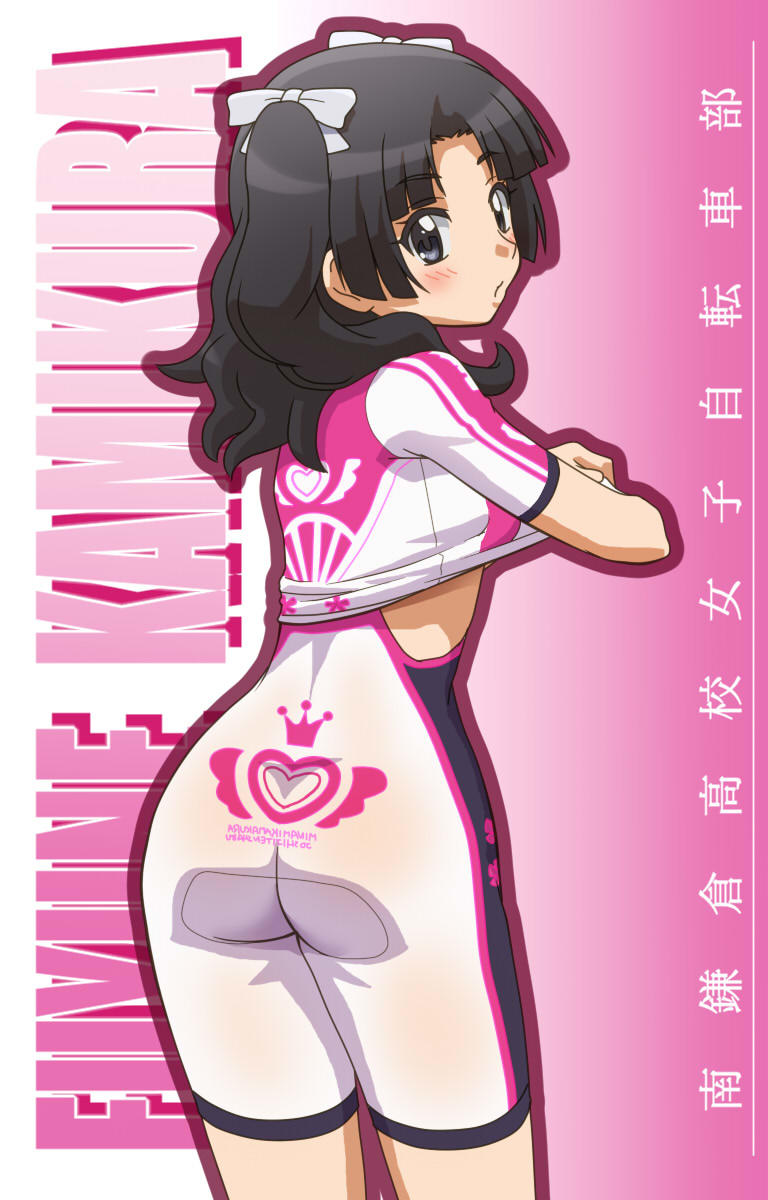 1girl, ass, awa, backboob, bib_shorts, bike_jersey, black_eyes, black_hair, blush, bow, breasts, character_name, copyright_name, female_focus, hair_bow, heart, heart_print, highres, kamikura_fuyune, long_hair, looking_at_viewer, looking_back, minami-kamakura_koukou_joshi_jitensha-bu, solo, standing, twintails, undressing