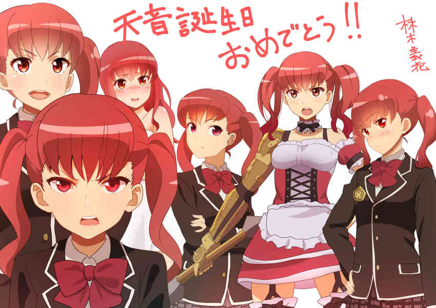 1girl, absurdres, female_focus, hayashi_yoshiyuki, highres, kyoubashi_amane, long_hair, open_mouth, red_eyes, red_hair, school_girl_strikers, school_uniform, simple_background, solo, twintails, white_background