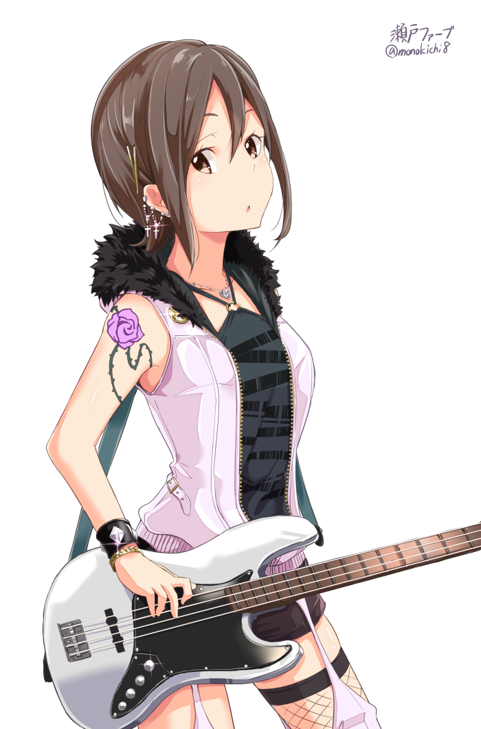 1girl, :o, bass_guitar, black_legwear, black_shorts, brown_eyes, brown_hair, character_name