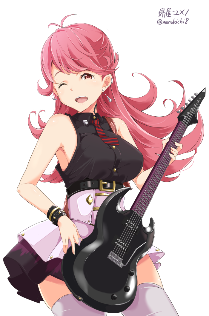 1girl, ;d, antenna_hair, black_shirt, breasts, character_name, earrings, electric_guitar