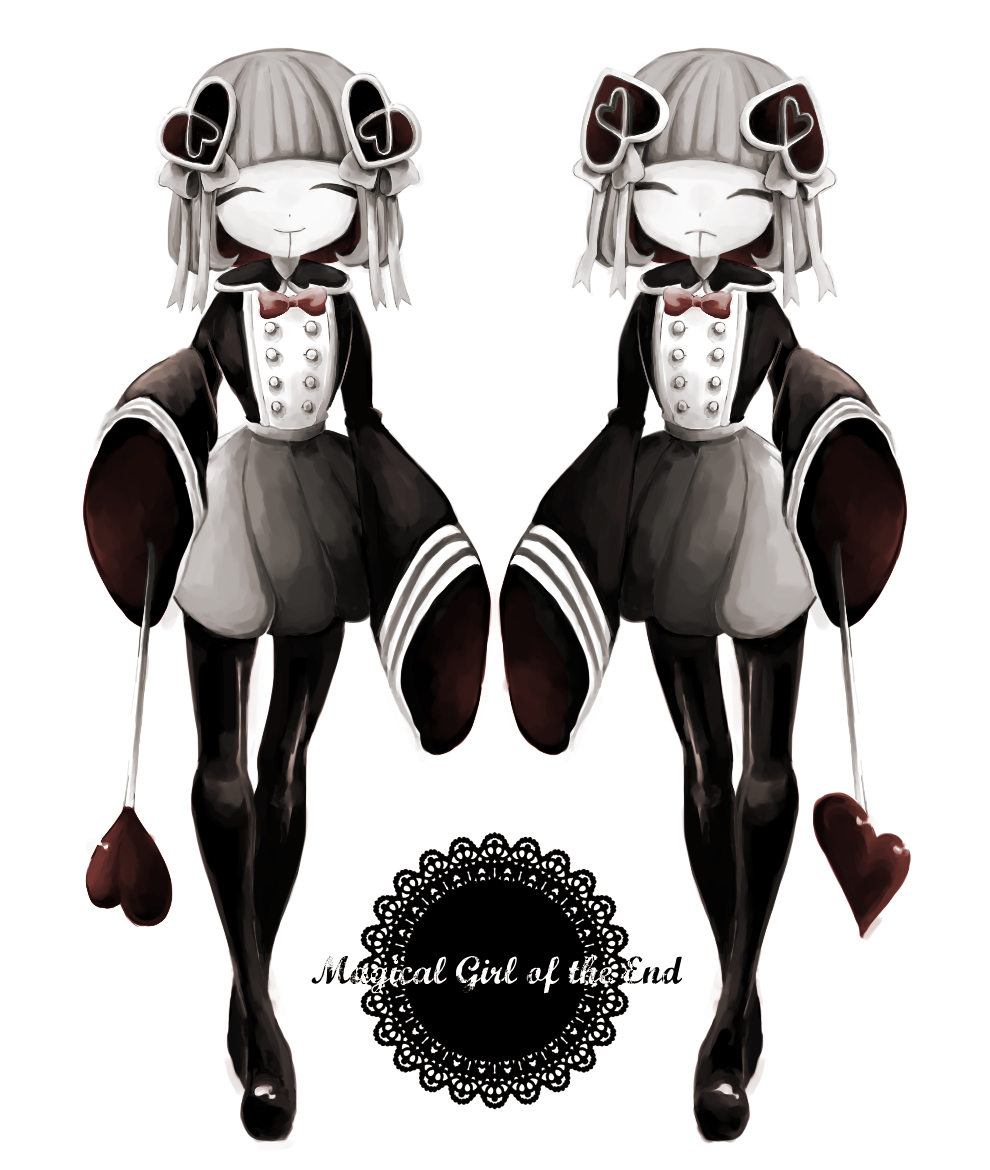 2girls, attraction-m_(lolo), boots, closed_eyes, female_focus, heart, magical_girl, magical_girl_apocalypse