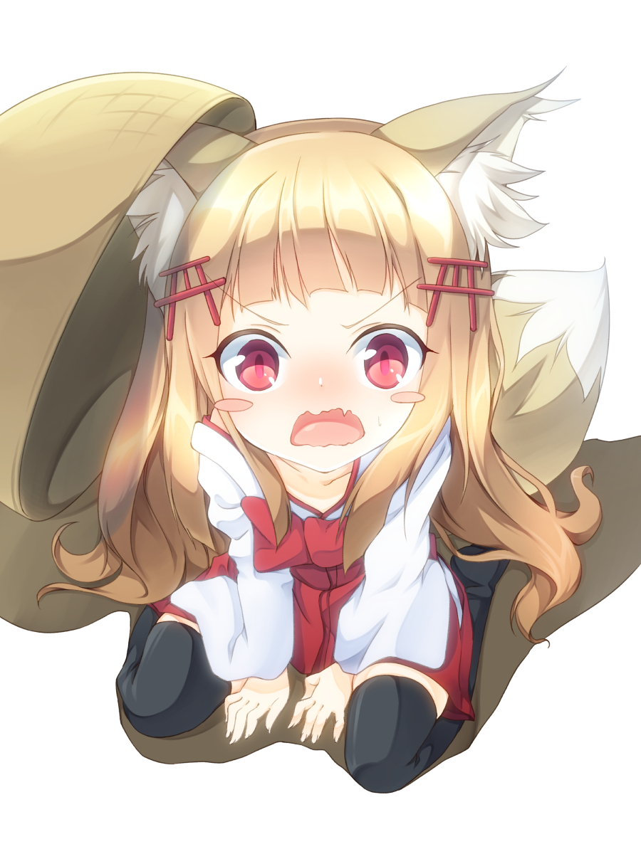 1girl, angry, animal_ears, blonde_hair, blunt_bangs, blush_stickers, commentary_request, d: