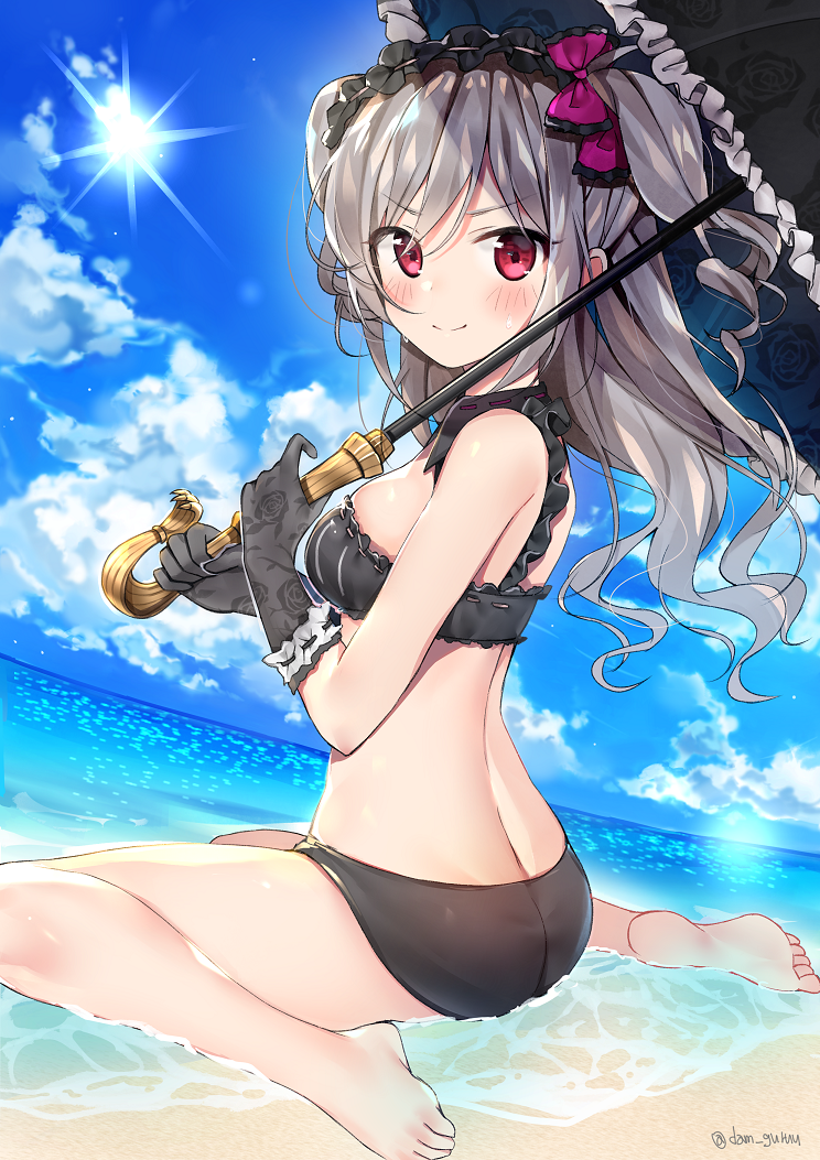 >:), 10s, 1girl, ass, bad_id, bad_pixiv_id, barefoot, beach