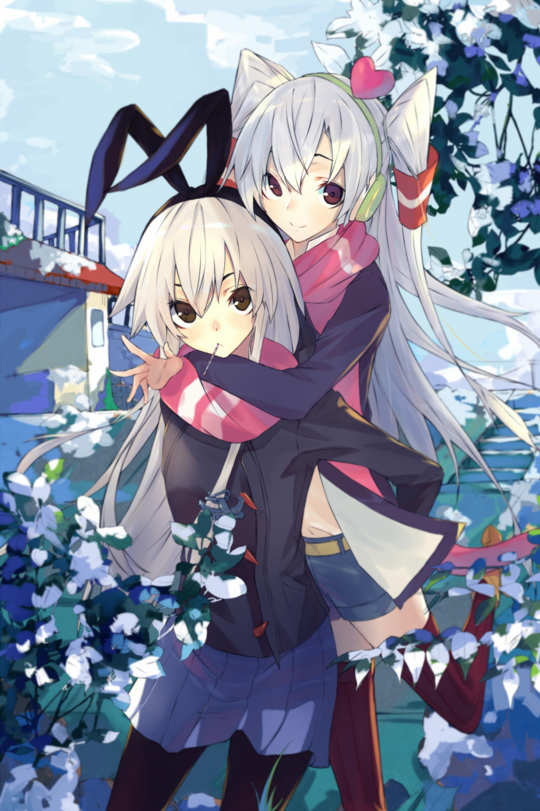 10s, 2girls, alternate_costume, amatsukaze_(kancolle), anchor_hair_ornament, black_legwear, blonde_hair, boots