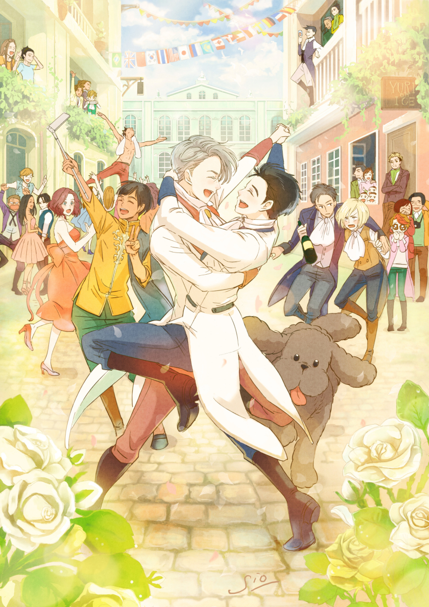 10s, 6+boys, 6+girls, :d, ^_^, absurdres, american_flag, anger_vein