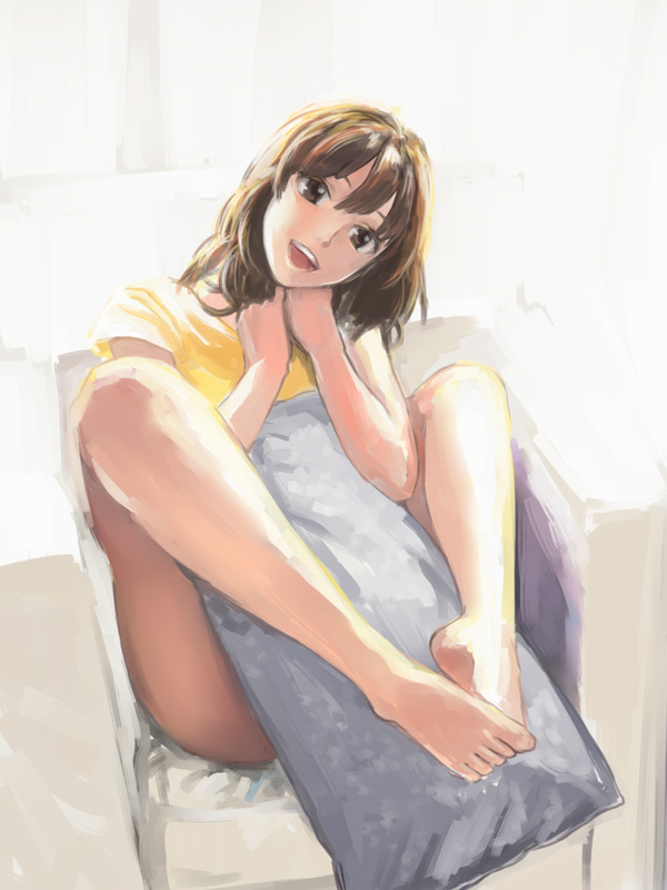 1girl, barefoot, brown_hair, feet, female_focus, leg_lock, legs, original