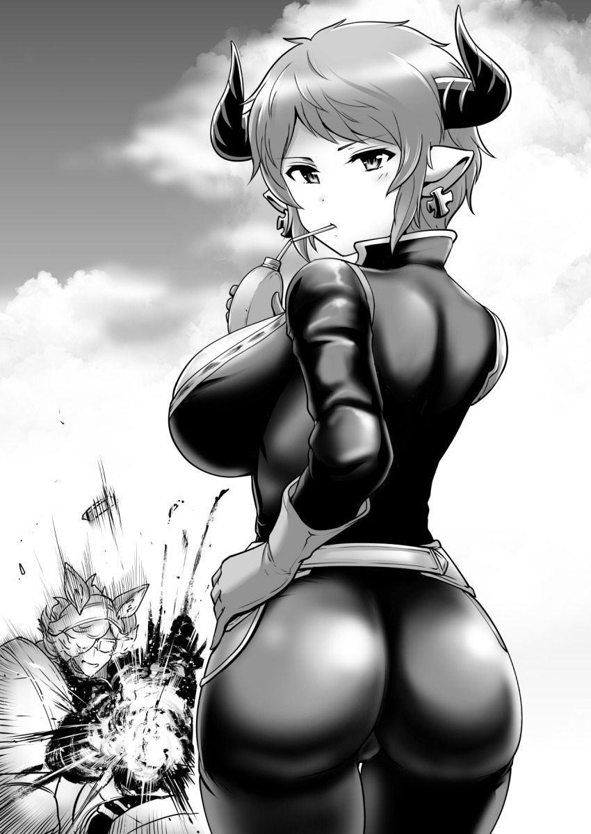 10s, 1boy, 1girl, animal_ears, ass, belt, breasts, canteen