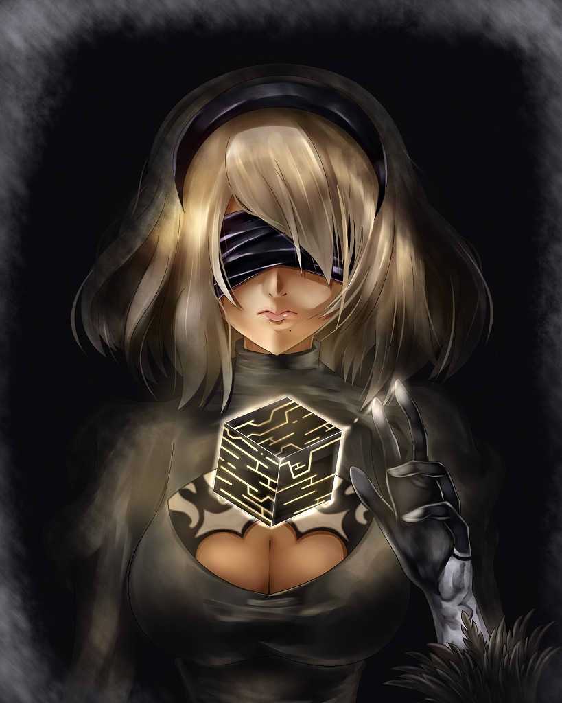 1girl, 2b_(nier:automata), black_dress, black_hairband, blindfold, breasts, cleavage, cleavage_cutout