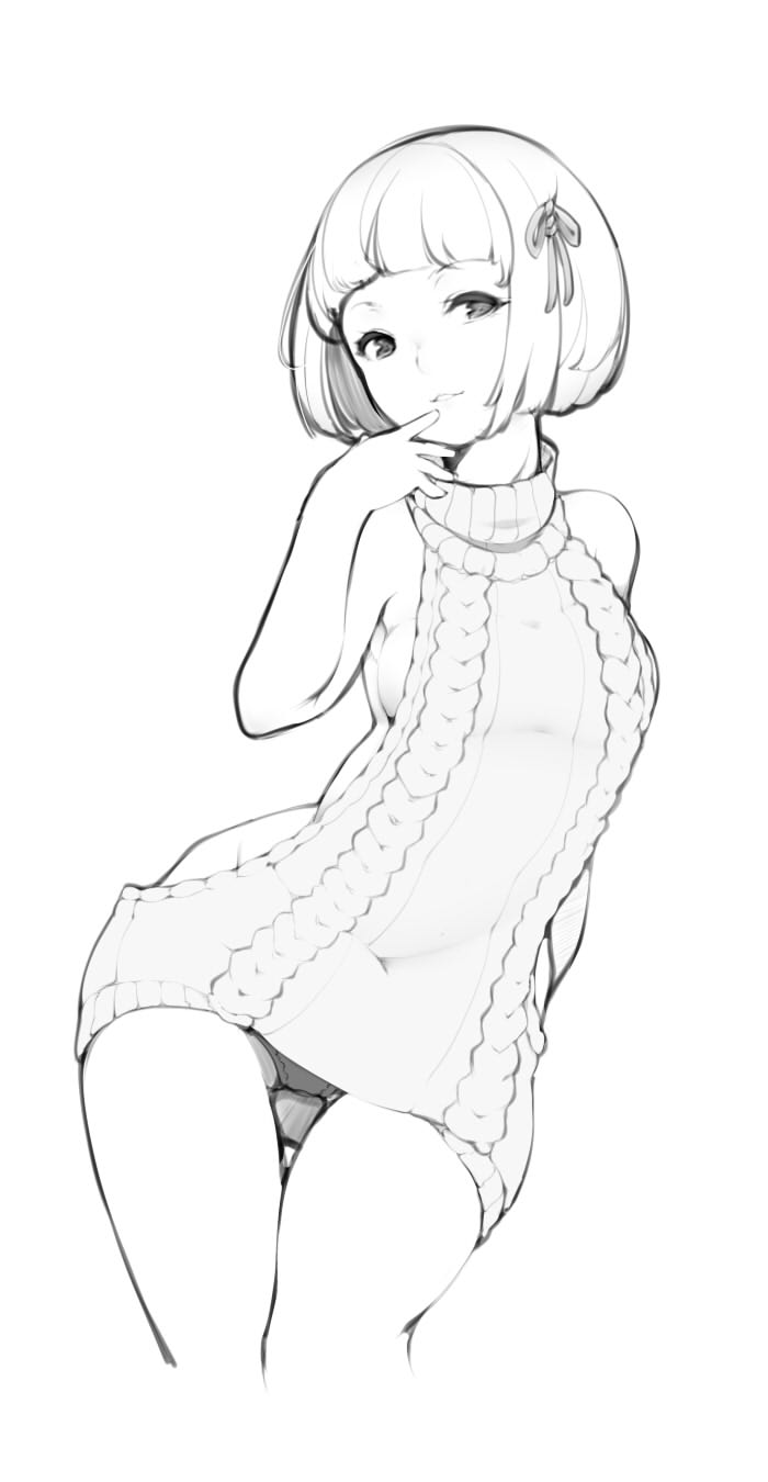 1girl, aran_sweater, backless_dress, backless_outfit, bare_shoulders, bob_cut, breasts, cable_knit