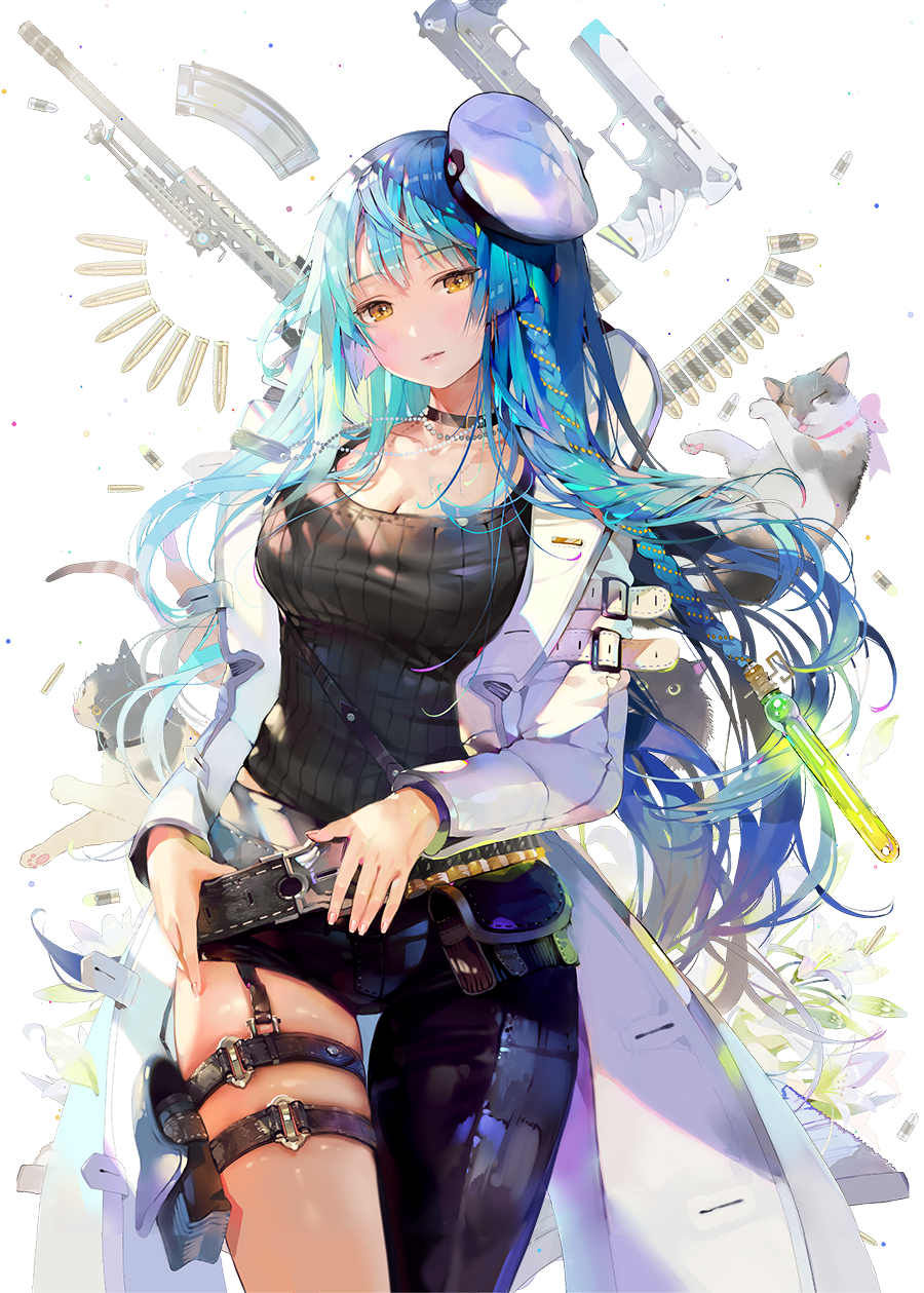 1girl, asymmetrical_clothes, belt, blue_hair, braid, breasts, bullet, cat