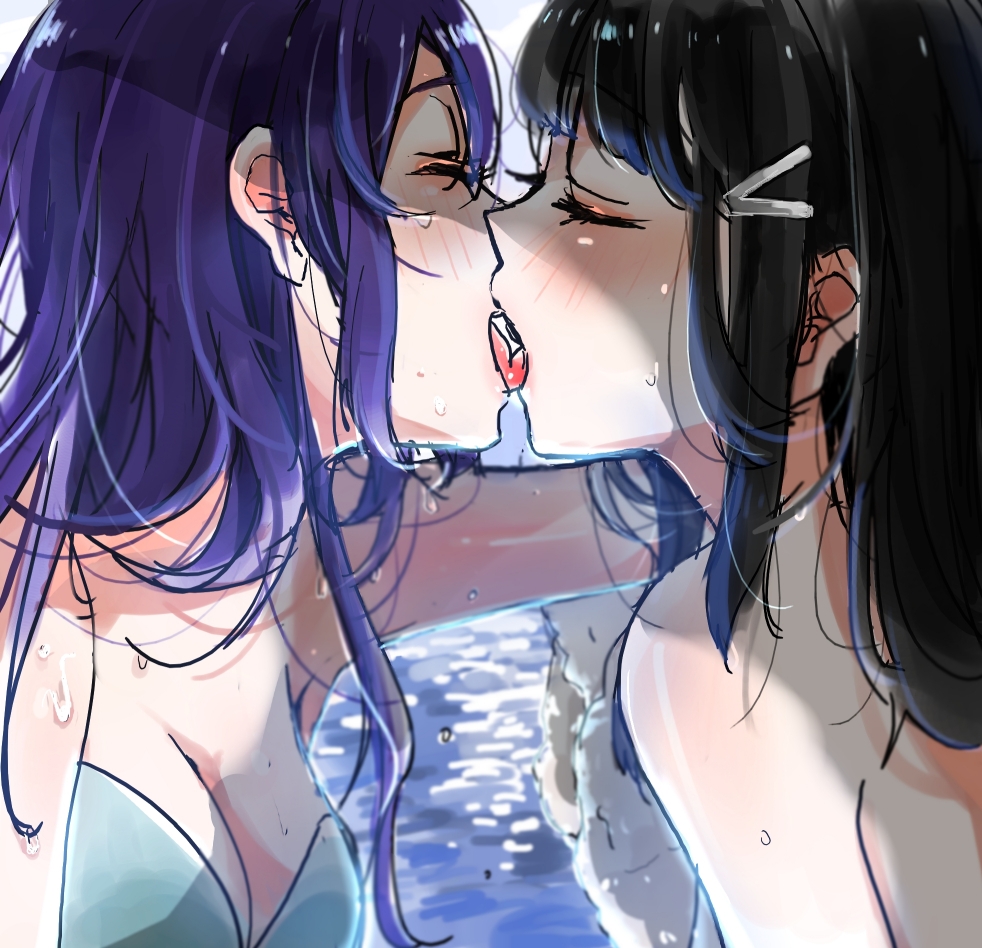 10s, 2girls, aoi_chiruko, black_hair, blue_hair, blush, breasts, closed_eyes
