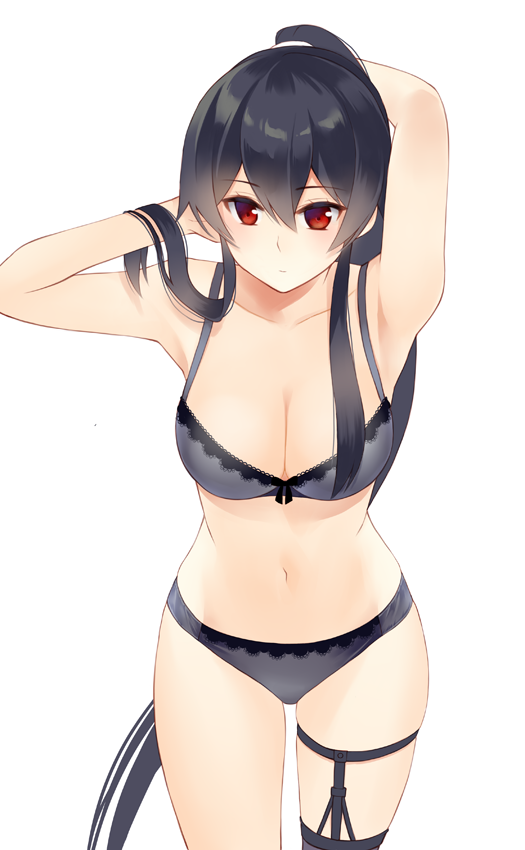 10s, 1girl, armpits, asymmetrical_legwear, bare_arms, black_hair, black_thighhighs, breasts