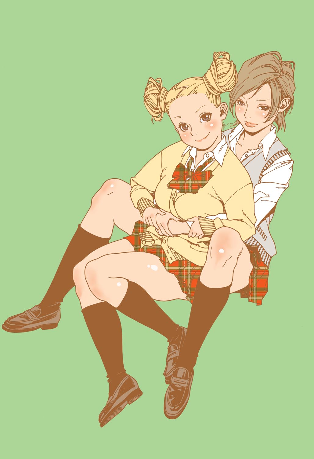 2girls, blonde_hair, blush, bow, breasts, brown_hair, checkered_clothes, checkered_skirt, double_bun, green_background, hair_bun, highres, hug, kamizono_chie, kishi_torajirou, kneehighs, loafers, looking_at_viewer, medium_breasts, multiple_girls, okayama_ai, otome_no_teikoku, plump, school_uniform, shoes, short_hair, simple_background, skirt, smile, socks, sweater, sweater_vest, yuri