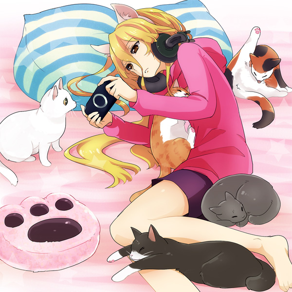10s, 1girl, animal_ears, animal_hands, bed, black_cat, black_shorts, blonde_hair