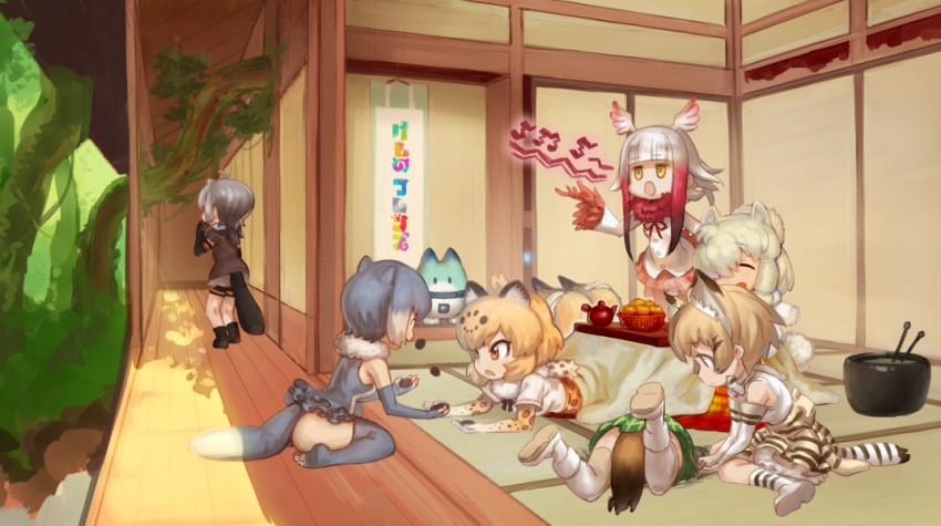 10s, 6+girls, :d, alpaca_ears, alpaca_suri_(kemono_friends), american_beaver_(kemono_friends), animal_ears, bad_singing