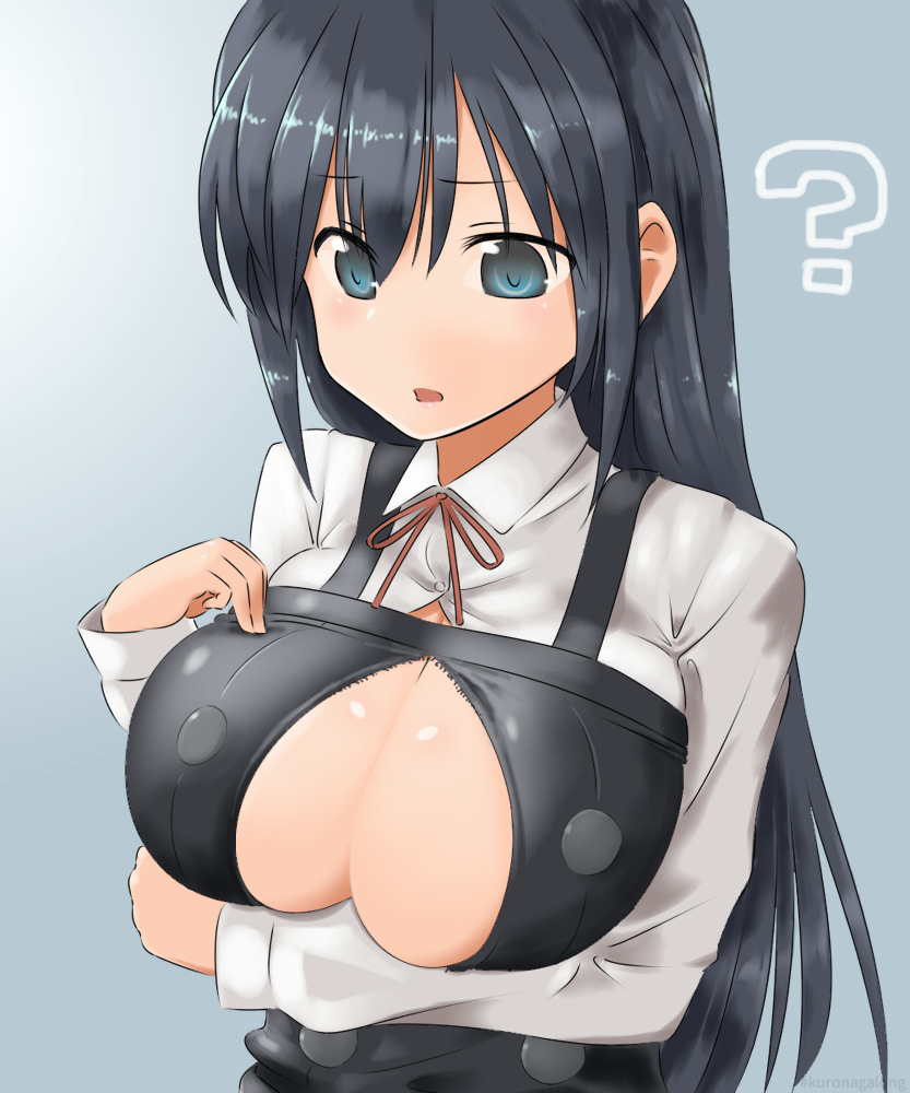 10s, 1girl, ?, alternate_breast_size, aqua_eyes, asashio_(kancolle), black_hair, breasts