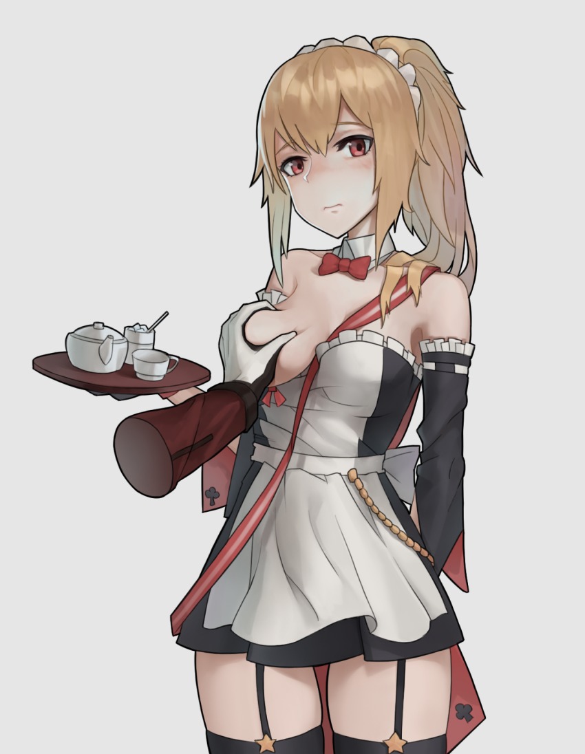 1girl, arm_behind_back, bad_id, bad_pixiv_id, blonde_hair, blush, breasts, cleavage, cowboy_shot, cup, detached_sleeves, garter_straps, girls'_frontline, grabbing_another's_breast, groping, highres, jiachong_jun_z, looking_away, maid, maid_headdress, medium_breasts, ponytail, red_eyes, skirt, solo_focus, sv-98_(girls'_frontline), sv-98_(waitress)_(girls'_frontline), teacup, teapot, thighhighs, tray