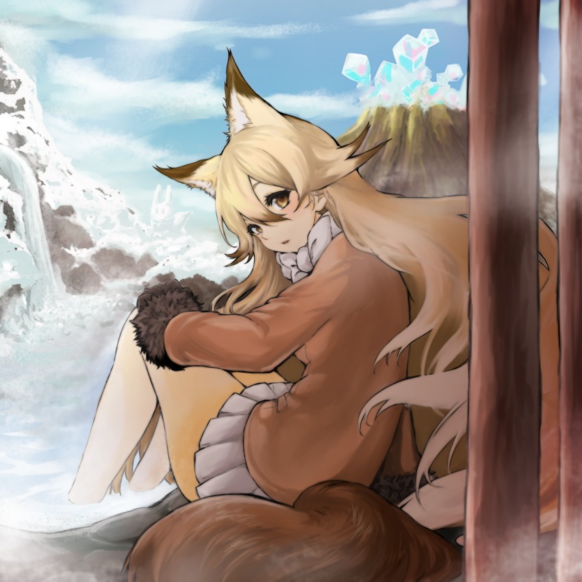 0z_(wing02c), 10s, 1girl, animal_ears, blonde_hair, blue_sky, bow, bowtie, cloud, coat, day, ezo_red_fox_(kemono_friends), female_focus, fox_ears, fox_girl, fox_tail, from_side, gloves, gradient_hair, highres, kemono_friends, long_hair, long_sleeves, looking_at_viewer, mountain, multicolored_hair, onsen, pantyhose, pleated_skirt, sandstar, sitting, skirt, sky, solo, steam, tail, two-tone_hair, very_long_hair, water, waterfall, white_bow, white_skirt