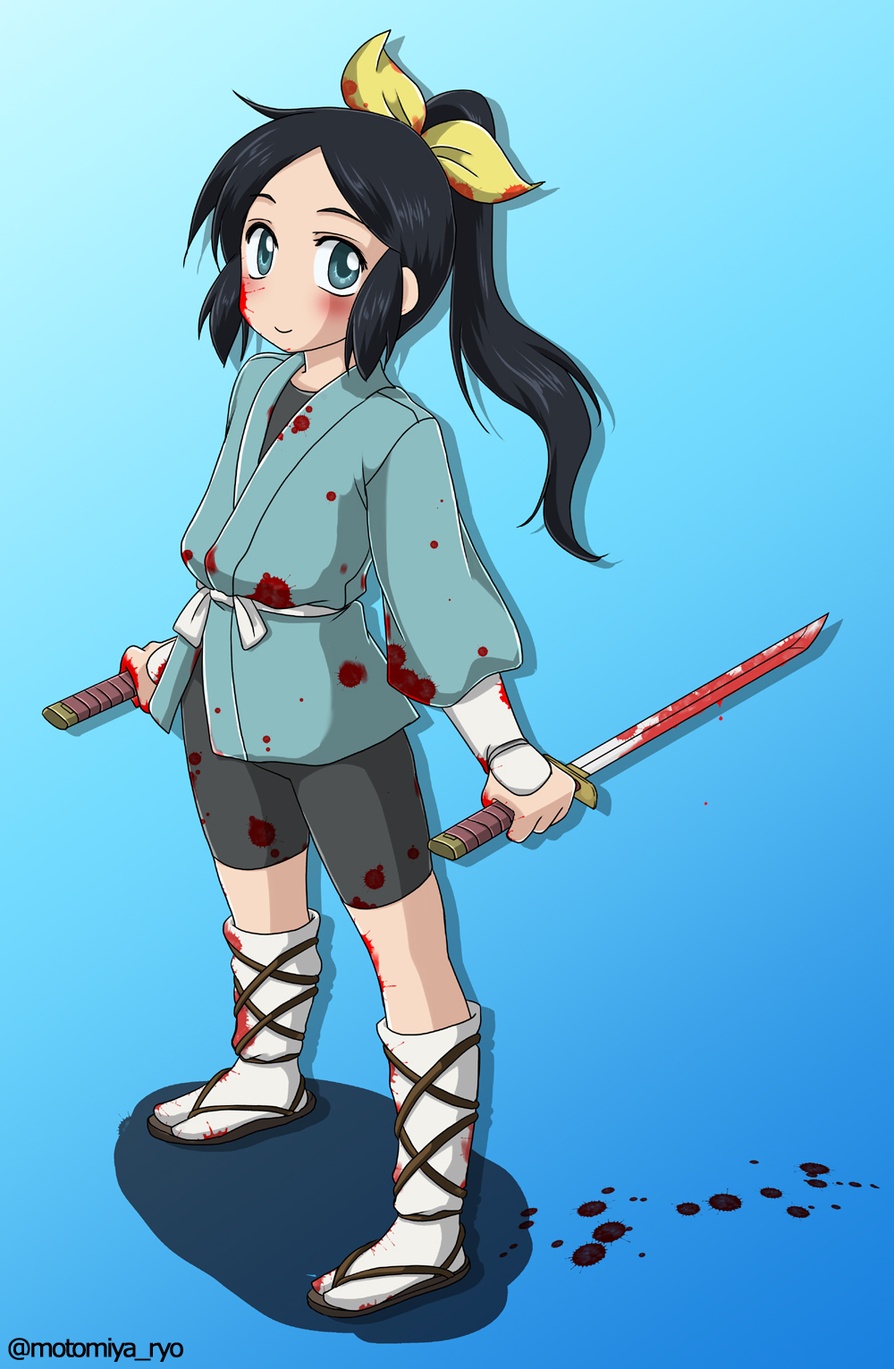 1girl, aqua_eyes, black_hair, blood, blood_on_clothes, blood_on_face, blood_splatter, bloody_weapon