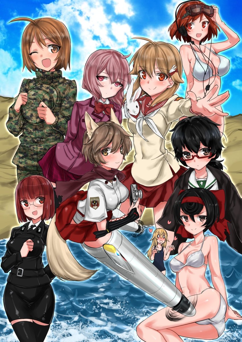 0_0, 10s, 6+girls, :d, ;d, akiyama_yoshika, animal_ears, annotated, annotation_request, aohashi_ame, arm_behind_back, arms_behind_back, beach, bikini, black_eyes, black_hair, black_legwear, black_neckerchief, black_necktie, black_skirt, blonde_hair, blouse, blunt_bangs, bow, breasts, camera, camouflage, camouflage_headwear, closed_mouth, cloud, cloudy_sky, commentary_request, creator_connection, daisan_hikou_shoujo-tai, day, digital_camouflage, dress_shirt, flying, girls_und_panzer, girls_und_panzer_ribbon_no_musha, glasses, goggles, goggles_on_head, hagoromo_maki, hakama, hakama_short_skirt, hakama_skirt, haori, hat, headphones, heart, highres, hitotose_aria, holding, holding_camera, holding_unworn_clothes, holding_unworn_hat, japanese_clothes, katou_keiko, large_breasts, long_hair, long_sleeves, looking_at_viewer, marine_corps_yumi, matsukaze_rin, medium_breasts, messy_hair, military, military_uniform, miniskirt, moeyo!_sensha_gakkou, mole, mole_under_eye, multiple_girls, nagumo_yumi, neckerchief, necktie, one_eye_closed, ooarai_school_uniform, open_mouth, oryou_(girls_und_panzer), outdoors, partially_annotated, pink_eyes, pink_hair, plaid_clothes, plaid_skirt, pleated_skirt, ponytail, purple_scarf, purple_skirt, rabbit, red-framed_eyewear, red_bow, red_eyes, red_hair, red_skirt, saliva, scarf, school_uniform, semi-rimless_eyewear, serafuku, serafuku_to_juusensha, shidenkai_no_maki, shimada_kanon, shirobako, shirt, short_hair, short_ponytail, skirt, sky, smile, standing, striker_unit, swimsuit, tail, thighhighs, trait_connection, tsuruki_shizuka, under-rim_eyewear, unworn_hat, unworn_headwear, waves, white_bikini, white_neckerchief, white_shirt, witches_of_africa, world_witches_series