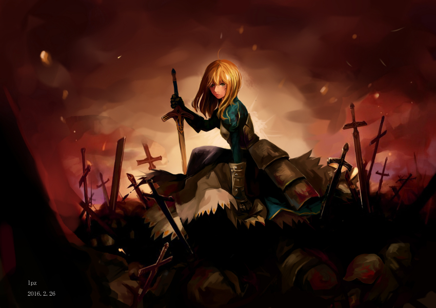 1girl, 2016, absurdres, alternate_hairstyle, armor, armored_dress, artoria_pendragon_(fate), blonde_hair, blood, blood_on_clothes, dated, derivative_work, dress, fate/stay_night, fate_(series), female_focus, field_of_blades, highres, long_hair, lpz_(975726236), planted, planted_sword, planted_weapon, saber_(fate), solo, sword, weapon