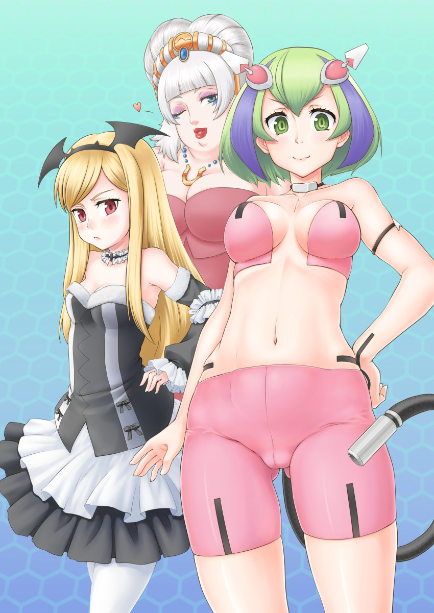 10s, 3girls, absurdres, bare_shoulders, blonde_hair, blue_eyes, blush, breasts, choker, detached_sleeves, dimension_w, dress, elizabeth_greenhough-smith, frills, green_eyes, green_hair, grey_hair, hair_ornament, hairband, heart, highres, jewelry, lips, long_hair, makeup, mary_(dimension_w), multicolored_hair, multiple_girls, navel, necklace, pantyhose, red_eyes, ribbon, short_hair, shorts, smile, tail, yurizaki_mira