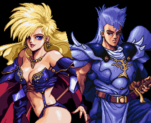 1boy, 1girl, alternate_hair_length, alternate_hairstyle, ares_(brandish), armor, bare_shoulders, bikini_armor